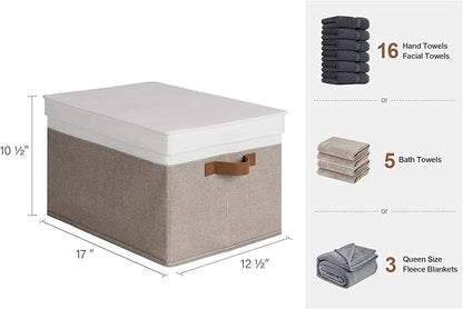 StorageWorks Storage Bins with Lids, Decorative Storage Boxes with Lid and PU Handles, Foldable Storage Baskets for Closet, Shelves, Stackable, Brown and White, Jumbo, 3-Pack