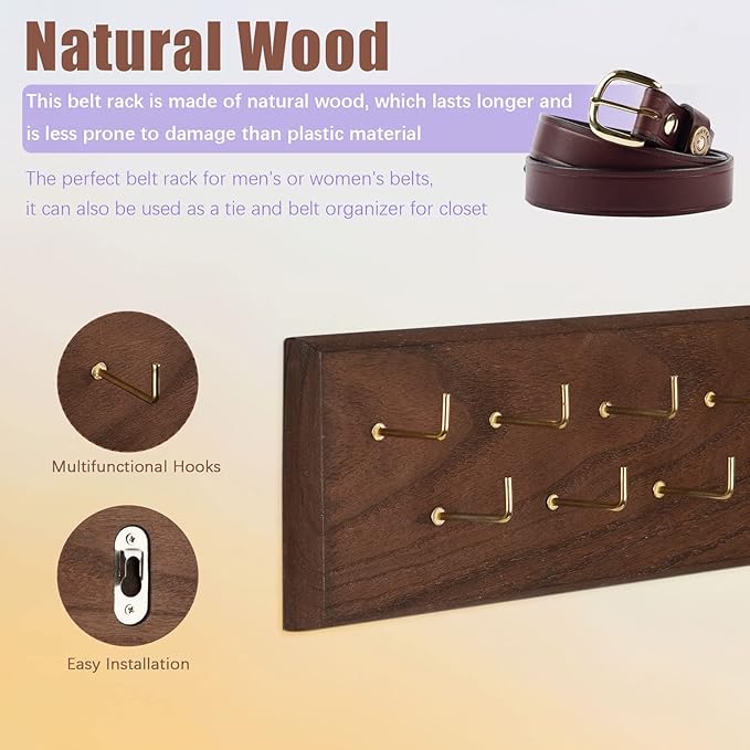 Creproly Belt Organizer - Wall Mounted Hanger for Closet, Holds Over 28 Belts - Wooden Rack with Tie and Scarf Storage (Brown)