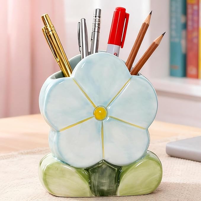Blue Flower Desk Pen Holder Accessories for Desk Aesthetic Cute Toothbrush Holder Makeup Pencil Holders Office Home Decor Birthday Gifts for Women Vanity Kawaii Kitchen Utensil Holder