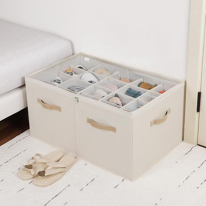 Shoe Organizer for Closet 2 Pack, Foldable Shoe Box with Adjustable Divider and Clear Cover, Space Saving Shoe Storage Organizer Cabinet with Reinforced Handles, Fits 40 Pair, Beige, TP11Y