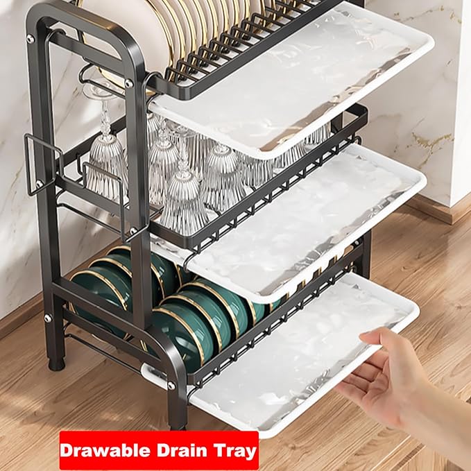 YTCYKJ Dish Drying Rack,Dish Racks Drainer,Over The Sink Dish Drainer Drying Rack 3 Tier with Drain Tray,Chopsticks Rack,Knife Holder