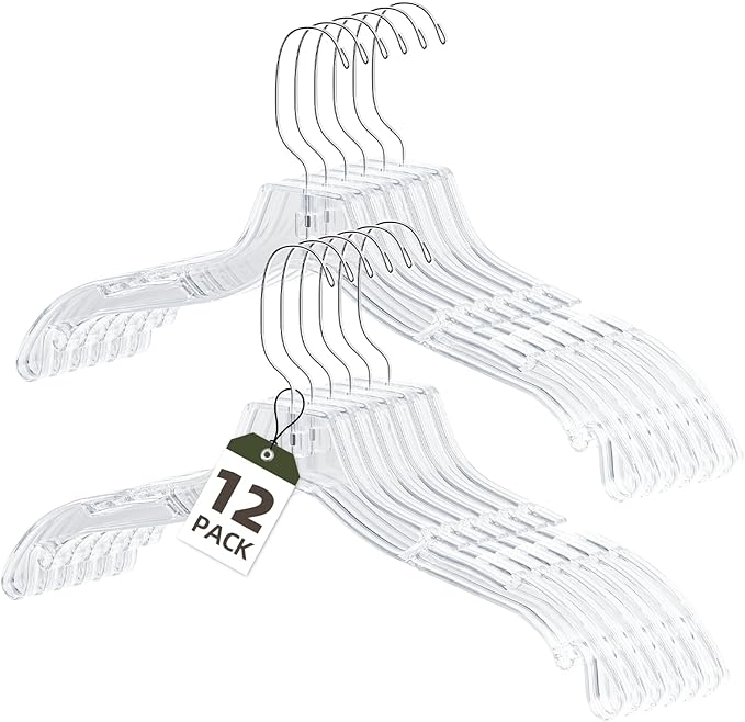 UEAKPIC Clear Plastic Hangers 12 Pack, Heavy Duty Clothes Hangers with 360° Swivel Hook, 2.1" Ultra-Wide Non-Slip Notches & Non-Slip Grips for Dresses, Shirts, Coats, Suits