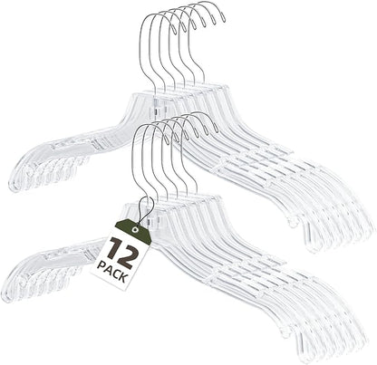 UEAKPIC Clear Plastic Hangers 12 Pack, Heavy Duty Clothes Hangers with 360° Swivel Hook, 2.1" Ultra-Wide Non-Slip Notches & Non-Slip Grips for Dresses, Shirts, Coats, Suits