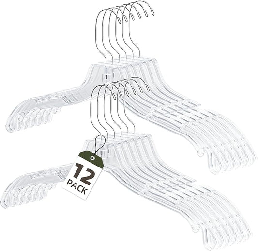 UEAKPIC Clear Plastic Hangers 12 Pack, Heavy Duty Clothes Hangers with 360° Swivel Hook, 2.1" Ultra-Wide Non-Slip Notches & Non-Slip Grips for Dresses, Shirts, Coats, Suits