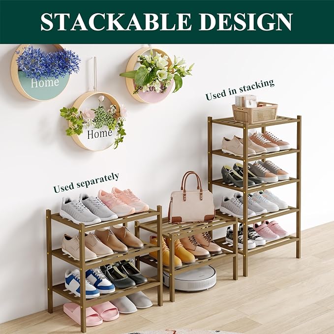 Smiry Small Bamboo Shoe Rack 5-Tier, Stackable Wooden Shoe Organizer for Entryway & Closet, Free Standing Wood Shoe Storage Shelf for Front Door & Small Spaces, Walnut