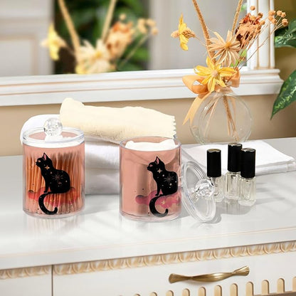 MNSRUU 2 Pack Qtip Holder Organizer Dispenser Black Cat Pink Bathroom Storage Canister Cotton Ball Holder Bathroom Containers for Cotton Swabs/Pads/Floss