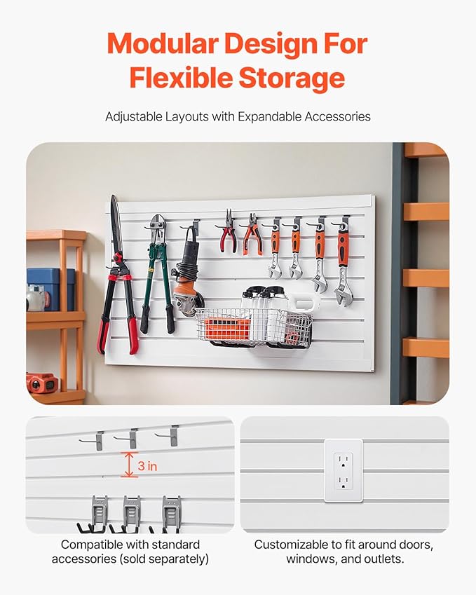 VEVOR Slat Wall Paneling, 2 x 4 ft, PVC Garage Slatwall with Modular Design, White Slat Wall Easy-to-Install Adjustable Slatwall Panel with Coupling Structure & DIY Cutting, Fits for Storage & Display