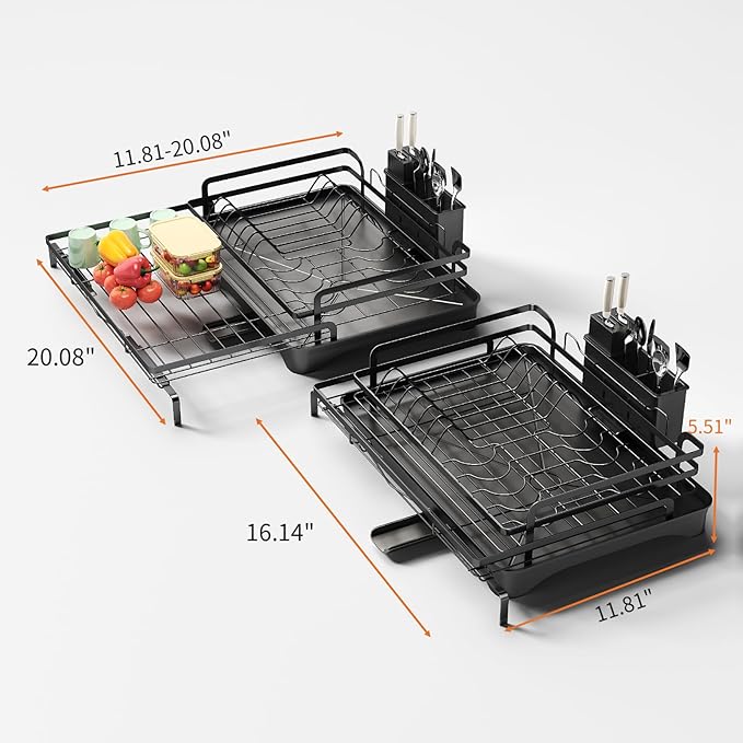 PureBox extendable Dish Drying Rack for Kitchen Counter,escurridor de platos,Metal Dish Strainer with Utensil Holder and Drainer (Black)