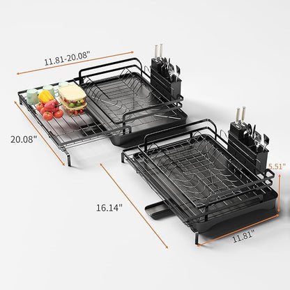 PureBox extendable Dish Drying Rack for Kitchen Counter,escurridor de platos,Metal Dish Strainer with Utensil Holder and Drainer (Black)