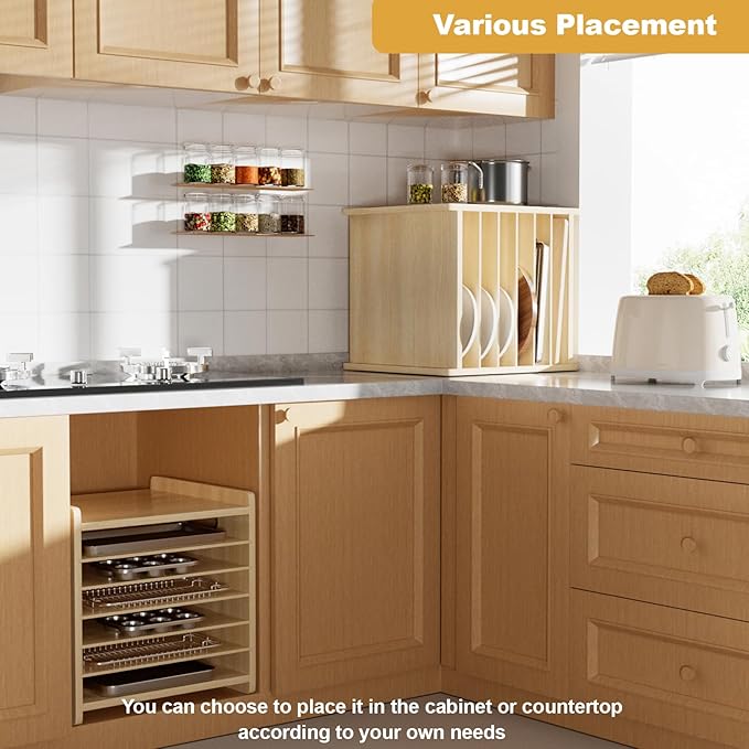 Sawjut 7 Tier Wooden Tray Dividers for Cabinets Cookie Sheet Organizer for Pot, Pans, Baking Tray Organizer for Kitchen Documents Storage(14" W x 16.5" H x 15.2" D)