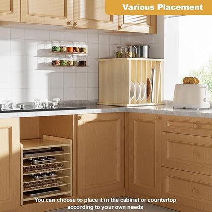 Sawjut 7 Tier Wooden Tray Dividers for Cabinets Cookie Sheet Organizer for Pot, Pans, Baking Tray Organizer for Kitchen Documents Storage(14" W x 16.5" H x 15.2" D)