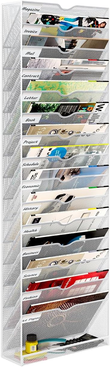 Hanging Wall File Organizer,16-Tier Desk File Mail Holder, Paper Bill Organization For Office Home School, White