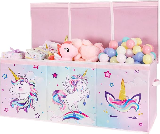 WERNNSAI Extra Large Toy Chest - Unicorn Toy Box Chest Organizer with Flip-Top Lid Collapsible Sturdy Storage Bin with Handles 38 x 13 x 16 Inch for Kids Girls Pink Closet Nursery Living Room Bedroom