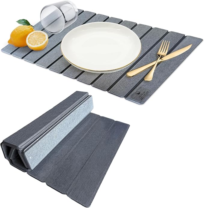 Large Stone Dish Drying Mats for Kitchen Counter - 24"(L)×16"(W) Quick Dry Collapsible Dish Drying Mat for Dishes Bottles Cups, Eco-friendly Diatomaceous Earth Absorbent Mat for Any Countertop Gray