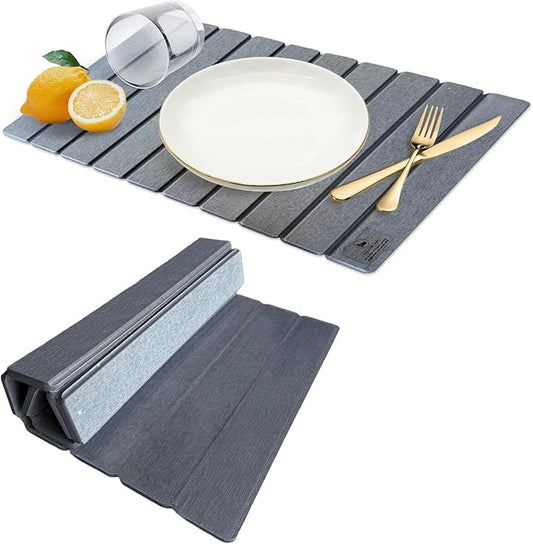 Large Stone Dish Drying Mats for Kitchen Counter - 24"(L)×16"(W) Quick Dry Collapsible Dish Drying Mat for Dishes Bottles Cups, Eco-friendly Diatomaceous Earth Absorbent Mat for Any Countertop Gray