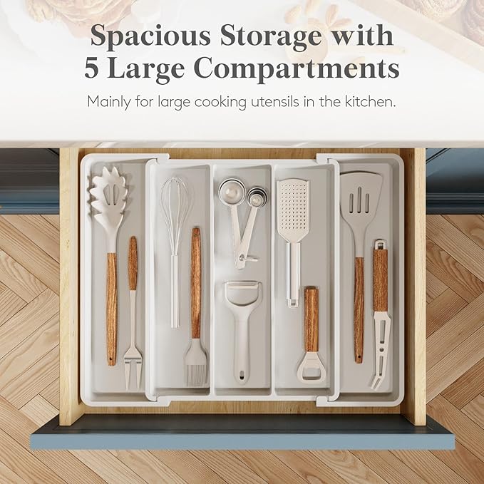 Lifewit Cooking Utensil Drawer Organizer, Expandable from 11 to 18 inches, Adjustable Cutlery Silverware Tray, Plastic Flatware Spatula Holder, Kitchen Tools Gadgets Storage Divider, White