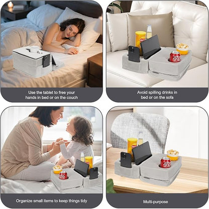 Couch Cup Holder Tray Pillow, Large Sofa Organizer Caddy with 6 Holes and Side Pocket Bed Refreshment Tray for iPad, Drinks, Remotes, Phones, Snacks, Removable & Washable (Silver)