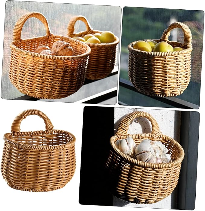 Decorative Woven Storage Basket for Garlic Ginger and Eggs Wall-mounted Kitchen Organizer Rustic Design and Space-saving Home Decor