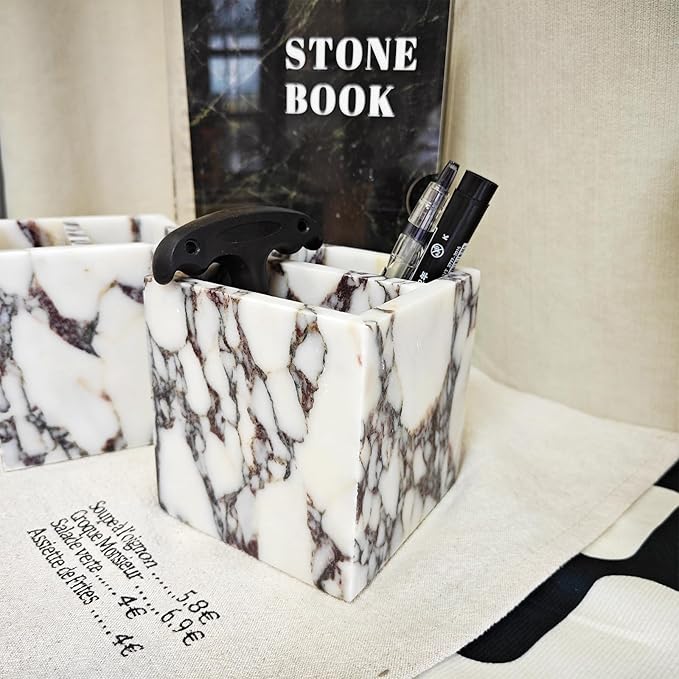 Natural Marble 2-Tier Organizer Box - Multi-Purpose Desktop & Kitchen Storage for Pens, Utensils, Makeup Brushes