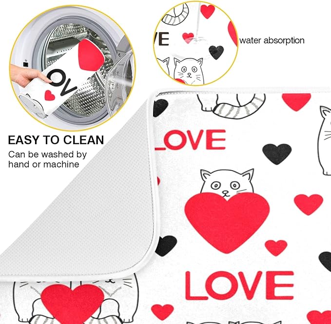 ZzWwR Cute Cats With Hearts Love Valentine's Day Absorbent Dish Drying Mat Microfiber Kitchen Countertop Table Protector Multi-Purpose Counter Rack Sink Drainer Pad (16 x 18 Inches)