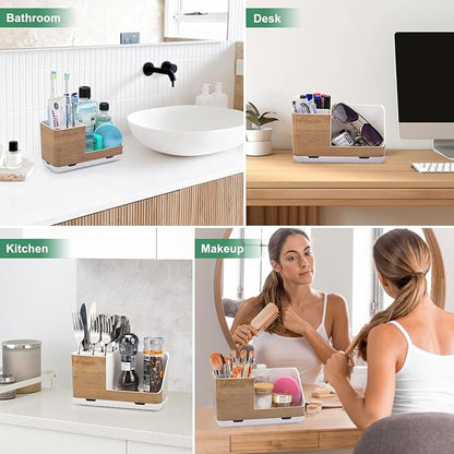 PARKMANI Toothbrush Holders for Bathrooms Countertop Organizer and Storage, Kids Electric Toothbrush and Toothpaste Holder, Bathroom Accessories Vanity Organizer (Wood Grain)