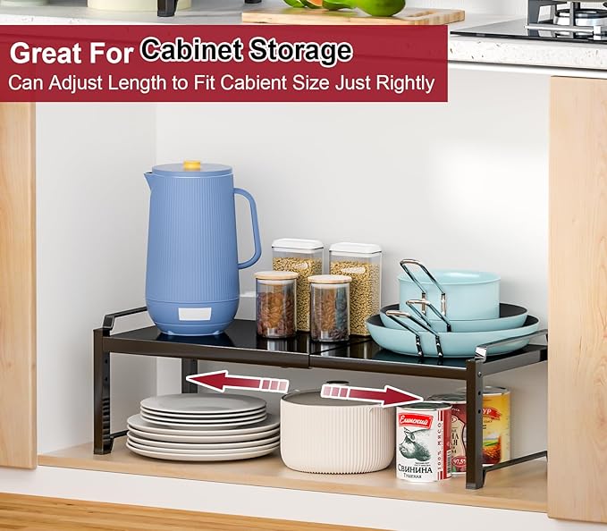 100 LBS Heavy Duty Kitchen Storage Shelf, 12 Inch Widened Cabinet Shelf Organizer For Dishes Spice Cups Small Appliances, Stackable Expandable Storage Shelves For Kitchen Cabinet Cupboard Pantry