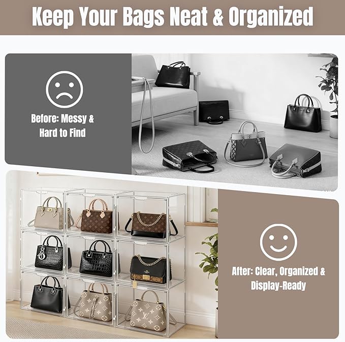 Cutora 6Pack Purse Organizer for Closet Clear Acrylic Display Case Handbag Storage Organizer Box with Magnetic Door Stackable Storage Bins with Dustproof Lid for Book Toys Shoes Cosmetic Collectibles
