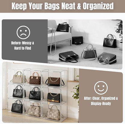 Cutora 6Pack Purse Organizer for Closet Clear Acrylic Display Case Handbag Storage Organizer Box with Magnetic Door Stackable Storage Bins with Dustproof Lid for Book Toys Shoes Cosmetic Collectibles