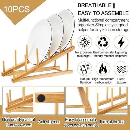 Suclain 10 Pcs Wooden Bamboo Dish Drying Rack Kitchen Cabinet Organizer for Cabinet Cutting Board Display Stand for Dish Plate Bowl Water Bottles Cup Pot Lid Cutting Board