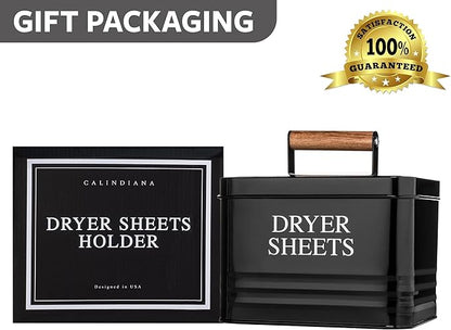 Calindiana Modern Farmhouse Metal Laundry Dryer Sheets Holder Fabric Softener Dispenser with Lid for Laundry Room Decor and Accessories and Space Saving Laundry Organization and Storage, Glossy Black