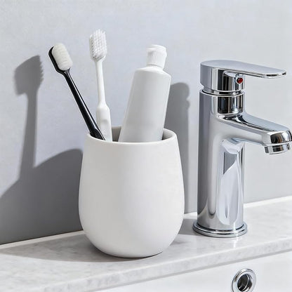 White Ceramic Toothbrush Holder - 11Oz Small Bathroom Tooth Brushing Holders, Reusable Mouthwash Cup, Toothpaste Holder, Makeup Brush Holder, Pen Holder for Bathroom Countertop, 1PC
