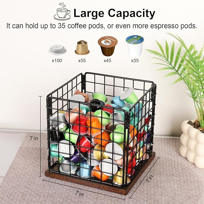 Coffee Pod Holder Basket, Coffee Holder Organizer with Wooden Base Sturdy Coffees Pod Holder Organizer for Kitchen Counter and Office Desktop (Square Grid)