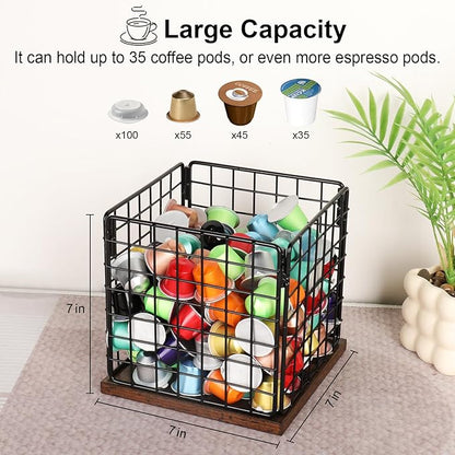 Coffee Pod Holder Basket, Coffee Holder Organizer with Wooden Base Sturdy Coffees Pod Holder Organizer for Kitchen Counter and Office Desktop (Square Grid)
