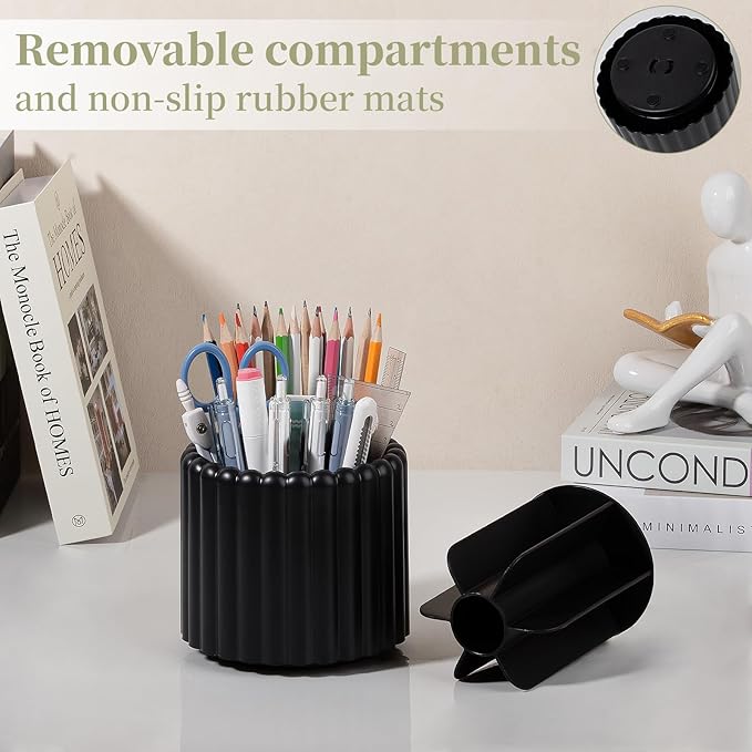 Anyoifax 360° Rotating Pen Holder 7 Slots Desk Organizer Removable Pencil Cup Plastic Art Supplies and Accessories Desktop Storage Box Caddy for Office, School, Home (Black)