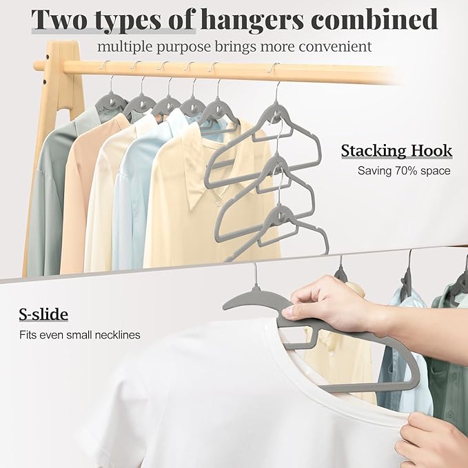 UEAKPIC Velvet Hangers 50 Pack, S-Shaped and Stackable Non Slip with 360°Swivel Hook, Ultra Thin and Space Saving Flocked, for Suits, Shirts, Coats, 15Lbs Capacity Heavy Duty, Grey