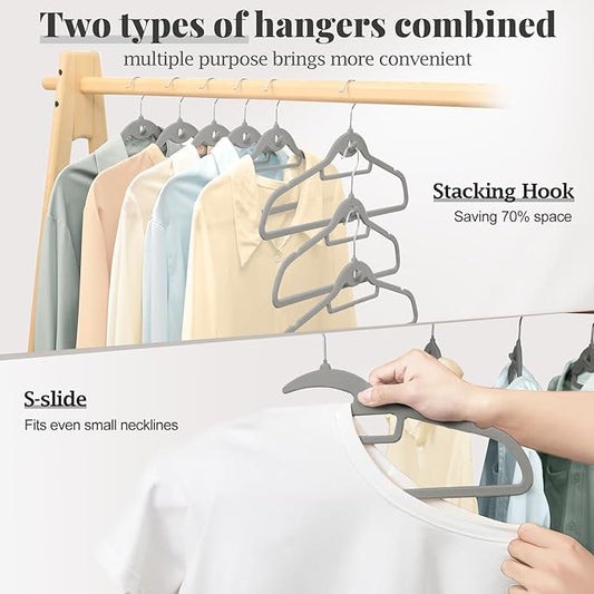 UEAKPIC Velvet Hangers 50 Pack, S-Shaped and Stackable Non Slip with 360°Swivel Hook, Ultra Thin and Space Saving Flocked, for Suits, Shirts, Coats, 15Lbs Capacity Heavy Duty, Grey