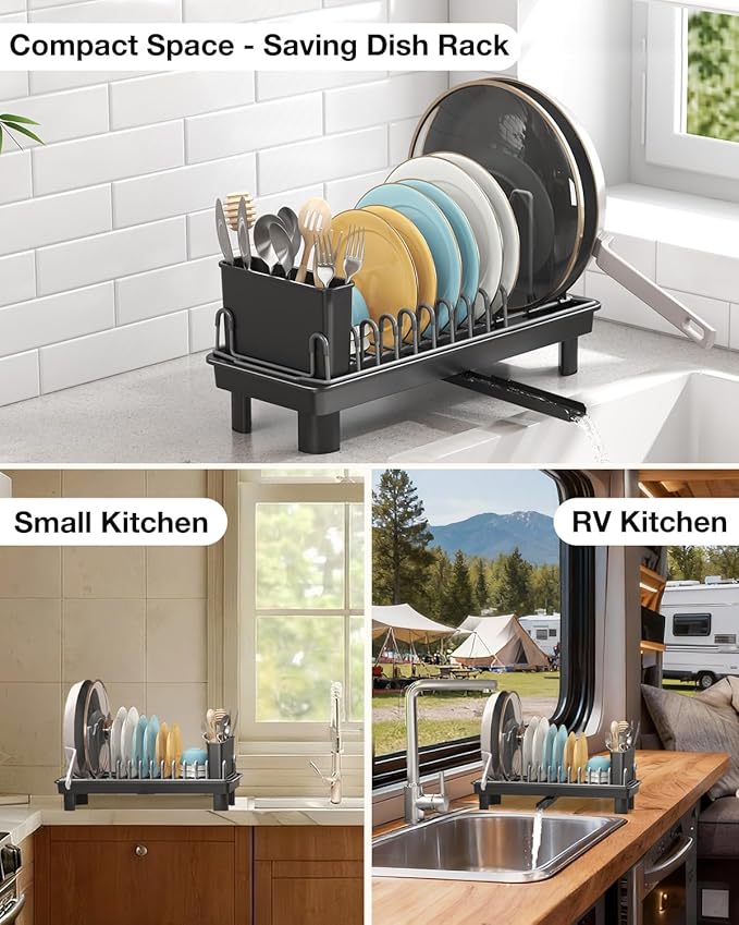 Nfnoyp Small Dish Drying Rack, Carbon Steel Dish Rack Rustproof for Kitchen Counter, Compact Space-Saving Dish Drainer with Adjustable Slots for Small Kitchens & Apartments, 16.5×6.5×7inch, Black