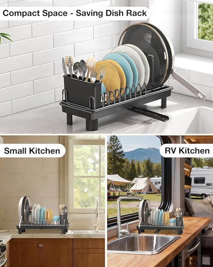 Nfnoyp Small Dish Drying Rack, Carbon Steel Dish Rack Rustproof for Kitchen Counter, Compact Space-Saving Dish Drainer with Adjustable Slots for Small Kitchens & Apartments, 16.5×6.5×7inch, Black