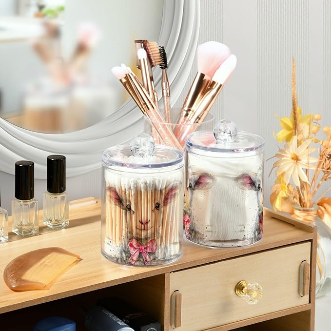 MNSRUU 4 Pack Qtip Holder Organizer Dispenser Cute Sheep Pink Bathroom Storage Canister Cotton Ball Holder Bathroom Containers for Cotton Swabs/Pads/Floss