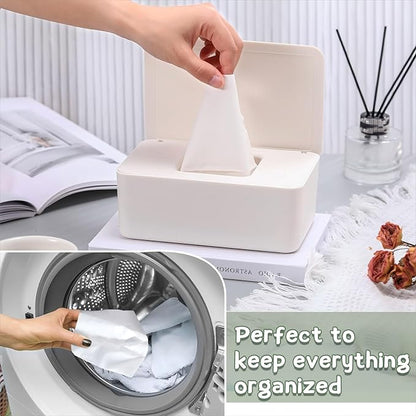 Dryer Sheet Holder with Hinged Lid,Plastic Dryer Sheet Dispenser Container Storage Box Fabric Softener Sheets Holder for Laundry Room Decor(White)