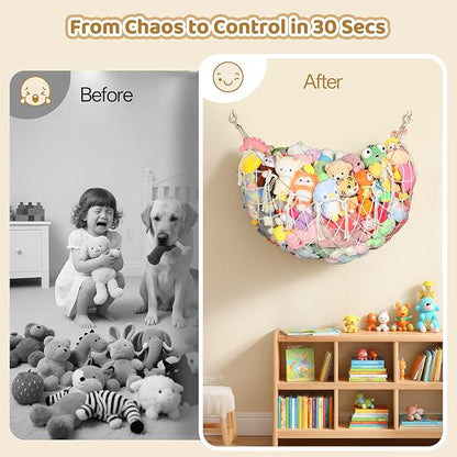 Yecaye 60 IN Stuffed Animal Net Hammock Large, Hanging Stuffed Animal Storage with Handmade Macrame Tassels, Net for Stuffed Animals Corner Large for Nursery Living Room Wall Decoration, Cream White
