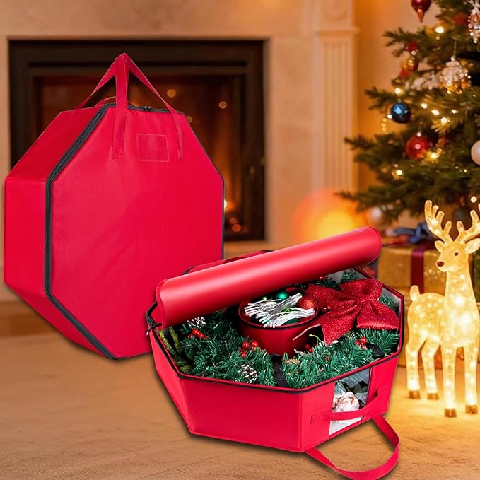 2 Pack Wreath Storage Christmas Garlands Bag with Interior Pockets Large Xmas Container Box for holiday Decorations Case with Dual Zipper and Handles Window Labeling Card Slot 24" Red