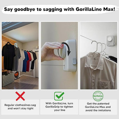 GorillaLine Max – Retractable Clothesline Indoor Outdoor, Non-Sagging Heavy Duty Clothes Drying Line, Wall Mounted Drying Rack, Air Dry Clothing, Max Tighten with GorillaGrip