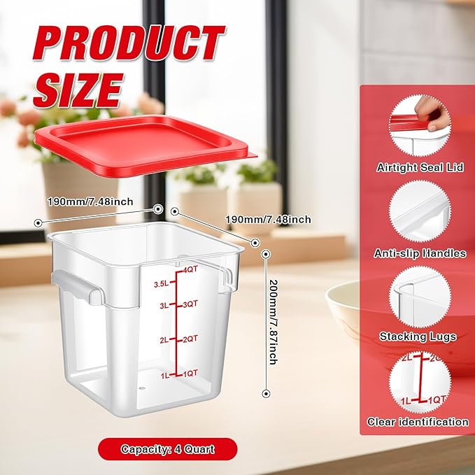 WELKOR Airtight Square Food Storage Containers with Lids 4-Pack, Lock-Tight Seal for Flour, Sugar, Cereal, Keep Food Fresh, BPA-Free Stackable Kitchen Canisters with Measurements (Red, 4QT-4PACK)