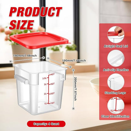 WELKOR Airtight Square Food Storage Containers with Lids 4-Pack, Lock-Tight Seal for Flour, Sugar, Cereal, Keep Food Fresh, BPA-Free Stackable Kitchen Canisters with Measurements (Red, 4QT-4PACK)