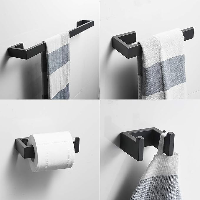 BWE 4 Pieces Bathroom Accessories Set Black Stainless Steel Bathroom Towel Bar Sets 23.6 Inches Tower Holder for Bathroom Wall Mounted