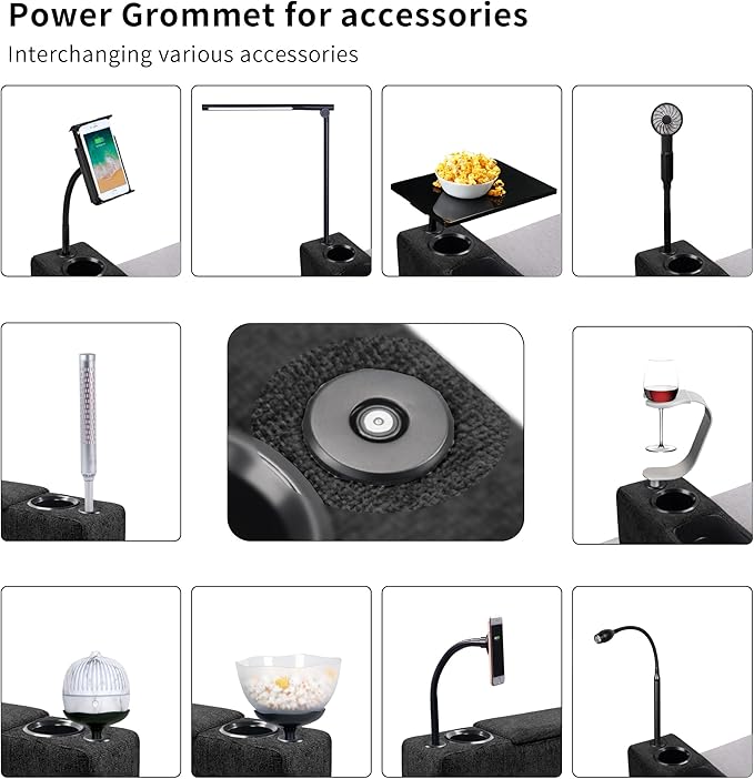 Multifunctional Sofa Armrest, Couch Armrest with Cup Holder, Removable Sofa Caddy with Storage,Equipped with LED Reading Light&Wireless Charge Stand, Black