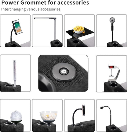 Sofa Armrest with Cup Holder, PU Leather Multifunctional Couch Arm Rest Insert, Removable Couch Caddy with Storage, Equipped with LED Reading Light & Wireless Charge Stand