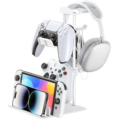 KDD Headphone Stand, Controller Holder & Headset Holder for Desk, Earphone Stand with Aluminum Supporting Bar, Universal Storage Organizer Headphones/Controller/Switch/Mobile Phone(White)