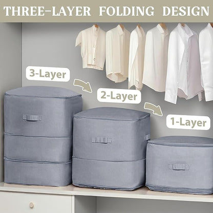 Ultra Space Saving Self Compression Organizers, 3-Layer Zipper Large Capacity Blanket Bags, Thickend Satin Fabric Comforter Storage Bags, for Collect Comforters, Clothes, Blankets (Gray)